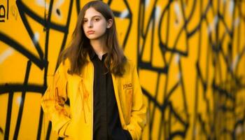 jovem adulto mulher dentro elegante amarelo terno em pé ao ar livre com confiança gerado de ai foto