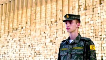 armado segurança Policial dentro militares uniforme em pé ao ar livre, olhando sério gerado de ai foto