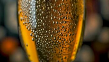 espumoso Cerveja derrama para dentro vidro, refletindo dourado carro luzes gerado de ai foto