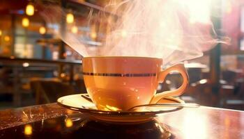 quente café vapor sobe a partir de espumoso caneca em de madeira mesa gerado de ai foto