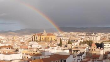 multi colori pôr do sol tintas majestoso cidade Horizonte com religioso arquitetura gerado de ai foto