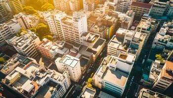 pôr do sol ilumina moderno cidade Horizonte Alto acima lotado rua tráfego gerado de ai foto