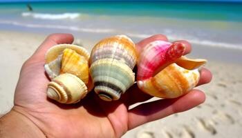 verão período de férias segurando uma coleção do conchas do mar em arenoso litoral gerado de ai foto