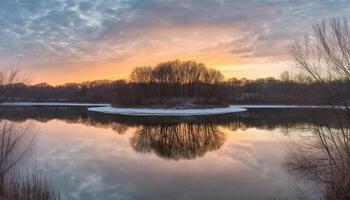 tranquilo inverno paisagem, refletindo pôr do sol em congeladas lagoa beleza dentro natureza gerado de ai foto