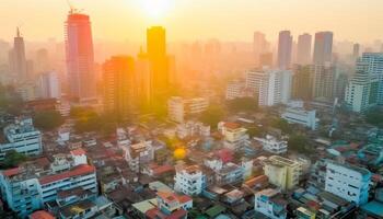 pôr do sol sobre urbano Horizonte, arranha-céus e cidade vida abaixo gerado de ai foto