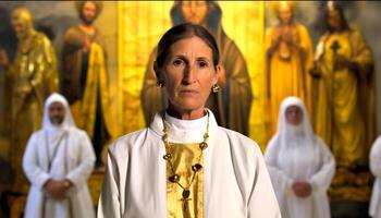 católico freira dentro tradicional roupas carrinhos antes altar, olhando às Câmera gerado de ai foto