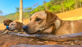 dourado retriever cachorro jogando dentro a Relva em uma ensolarado dia gerado de ai foto