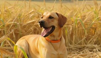 dourado retriever cachorro sentado dentro grama, língua fora, alegre alegria gerado de ai foto