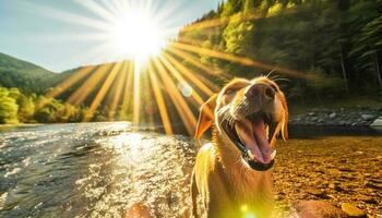 dourado retriever jogando dentro água, desfrutando natureza beleza e Diversão gerado de ai foto