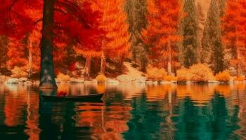 dourado outono pôr do sol reflete tranquilo floresta beleza em água superfície gerado de ai foto