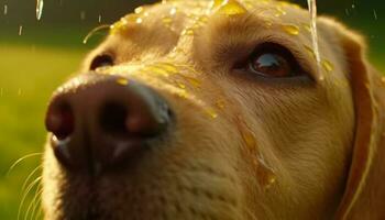 brincalhão labrador gotas molhado focinho em grama, amizade com cão de caça gerado de ai foto