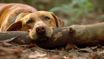 dourado retriever descansos dentro outono floresta, cercado de amarelo folhas gerado de ai foto