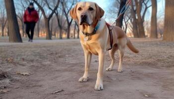 dourado retriever cachorro caminhando dentro outono grama, alegre e brincalhão gerado de ai foto