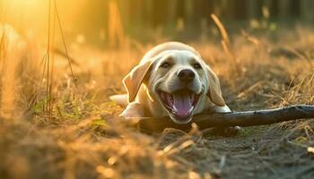 alegre cachorro jogando dentro a grama, sorridente às a Câmera gerado de ai foto