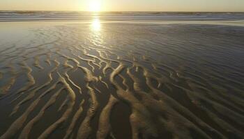 tranquilo areia duna reflete dourado luz solar sobre ondulado azul águas gerado de ai foto