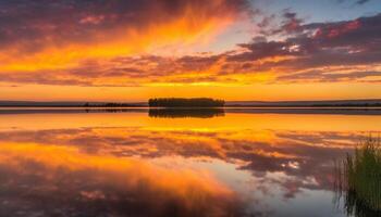 dourado céu reflete em tranquilo lagoa dentro rural outono panorama gerado de ai foto