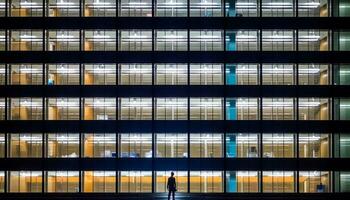 bem sucedido homem de negocios caminhando dentro moderno cidade, iluminado de azul luz gerado de ai foto