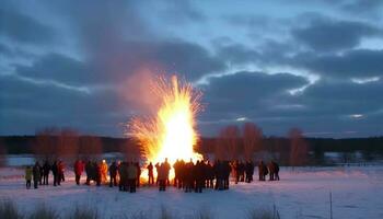 fogueira queimando brilhante, homens comemoro inverno noite com alegria gerado de ai foto