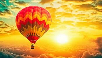 levitando quente ar balão sobe Alto dentro vibrante pôr do sol céu gerado de ai foto