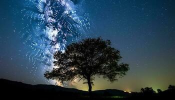 silhueta árvore contra azul galáxia, Estrela campo iluminado de luar gerado de ai foto