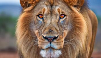 fechar acima retrato do uma ampla felino com uma majestoso juba gerado de ai foto