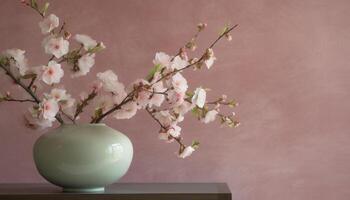 japonês cerâmica jarra detém solteiro Rosa cereja Flor ramo ao ar livre gerado de ai foto