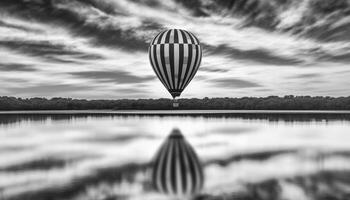 levitando balão flutua sobre montanha panorama dentro Preto e branco gerado de ai foto