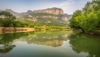 majestoso montanha alcance reflete dentro tranquilo lago, natural beleza abunda gerado de ai foto