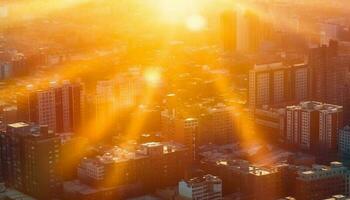 moderno cidade Horizonte iluminado de pôr do sol, movimentado com tráfego abaixo gerado de ai foto