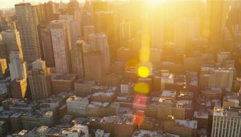 moderno cidade Horizonte iluminado de luz solar, lotado com não pessoas gerado de ai foto