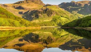 majestoso montanha alcance reflete dentro tranquilo lago, uma controlo remoto beleza gerado de ai foto