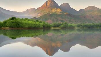 tranquilo cena do verde montanha pico refletido dentro lagoa água gerado de ai foto