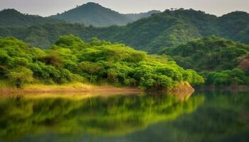 tranquilo cena do verde montanha alcance reflete dentro calma água gerado de ai foto