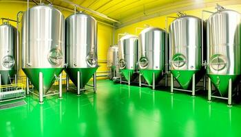 brilhante inoxidável aço equipamento dentro uma moderno cervejaria fábrica gerado de ai foto