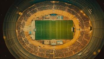 brilhante azul futebol bola em iluminado Relva campo às noite gerado de ai foto