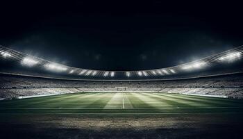 digital composto do lotado futebol campo iluminado de luzes de inundação gerado de ai foto