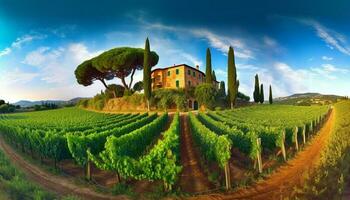 idílico italiano Vinhedo paisagem, tranquilo pôr do sol, verde crescimento dentro natureza gerado de ai foto