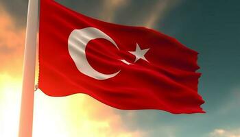 turco bandeira acenando majestosamente dentro a vento às pôr do sol pano de fundo gerado de ai foto