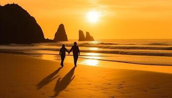 jovem casal segurando mãos, desfrutando tranquilo tropical pôr do sol período de férias gerado de ai foto