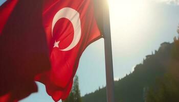 turco bandeira ondas orgulhosamente sobre majestoso montanha panorama às pôr do sol gerado de ai foto