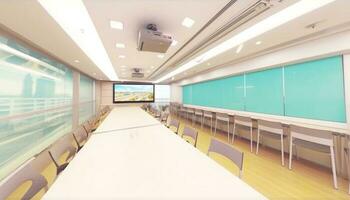 esvaziar moderno Sala de aula com cadeiras e mesas dentro uma linha gerado de ai foto