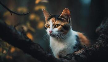 fofo amarelo gatinho olhando fixamente, brincalhão curiosidade dentro outono floresta beleza gerado de ai foto