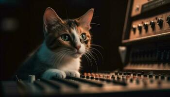 fofa gatinho jogando em computador mesa, assistindo rato em tela gerado de ai foto