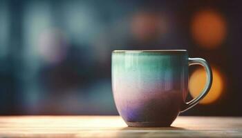 fresco café dentro rústico caneca em de madeira mesa, perfeito relaxamento gerado de ai foto