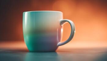 fresco cappuccino dentro azul caneca em de madeira mesa, vapor Aumentar gerado de ai foto