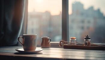 rústico café copo em janela peitoril traz calor para apartamento gerado de ai foto