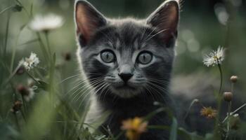 fofo gatinho encarando às margarida, beleza dentro natureza retrato gerado de ai foto