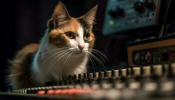 pequeno gatinho saldos em piano chave, olhos fixo em Câmera gerado de ai foto