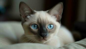 fofo siamês gatinho encarando com azul olhos em confortável cama gerado de ai foto