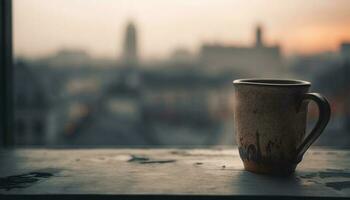 café caneca em de madeira mesa dentro paisagem urbana às pôr do sol gerado de ai foto